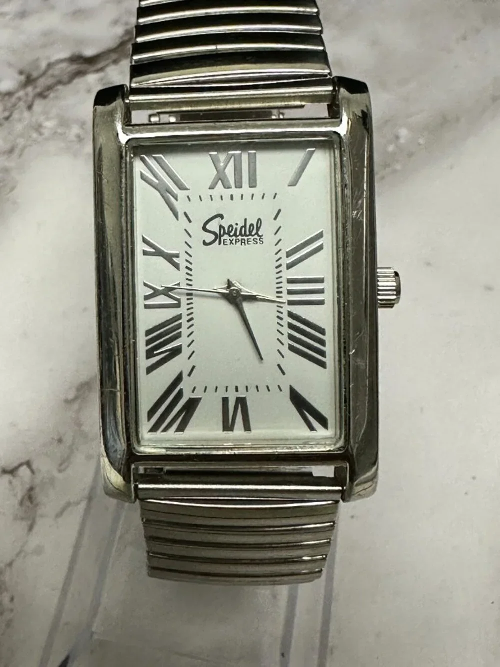 Speidel Tank Watch Women Silver Tone White Dial Stretch Band New Battery 7 Inch